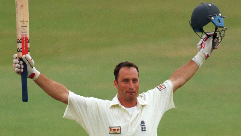 Nasser Hussain celebrates reaching his double hundred, at Edgbaston in 1997