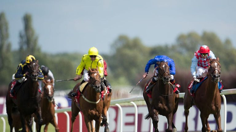 Seismos (front left) ridden by Martin Harley wins the Betfred TV Geoffrey Freer Stakes during the Betfred Ladies Day at Newbury Race Course, Newbury.