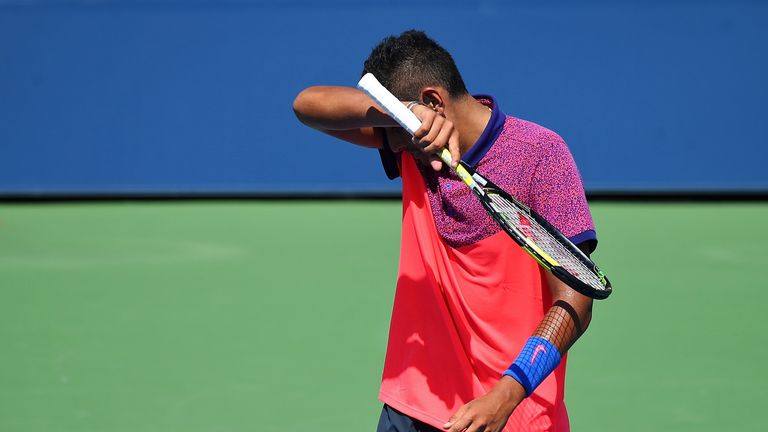 Nick Kyrgios reacts against Mikhail Youzhny during his men's singles first round match on Day One of the US Open