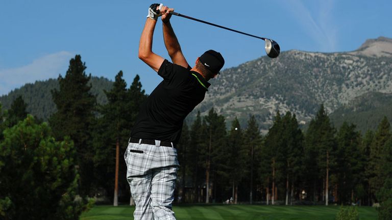 Leader Nick Watney tees off at the 12th hole at Montreux on day two of the Barracuda Championship in Nevada