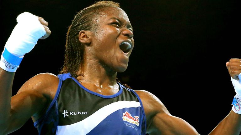 Nicola Adams of England celebrates winning the gold medal against Michaela Walsh of Northern Ireland in the Women's Fly (48 - 51kg) Final