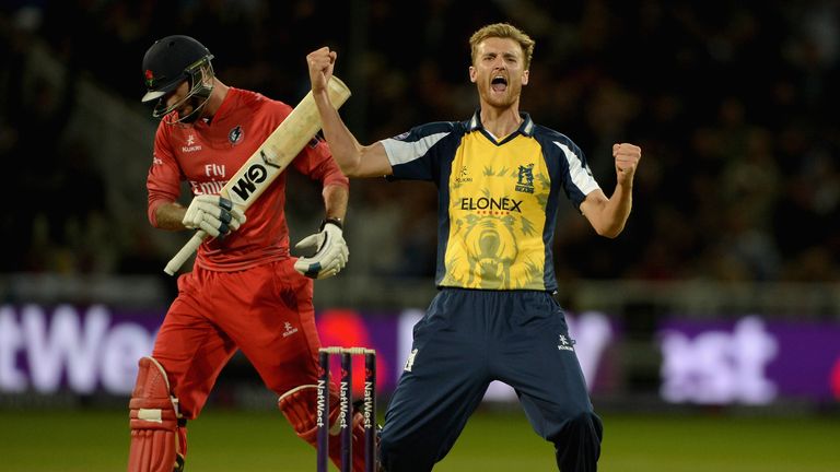 Oliver Hannon-Dalby of Birmingham Bears celebrates dismissing Jordan Clark of Lancashire during the Natwest T20 Blast final. August 23 2014.