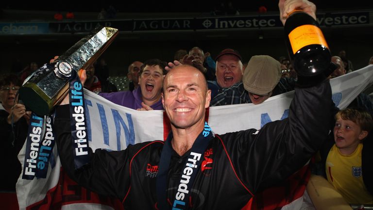 Paul Nixon of Leicestershire celebrates with the trophy at the end of the Friends Life t20 Finals Day in 2010