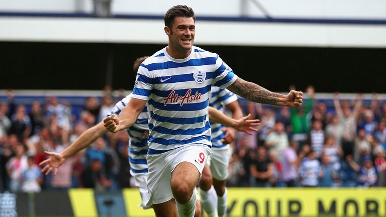 Charlie Austin of Queens Park Rangers celebrates scoring the opening goal for Queens Park Rangers during the Barclays Premier