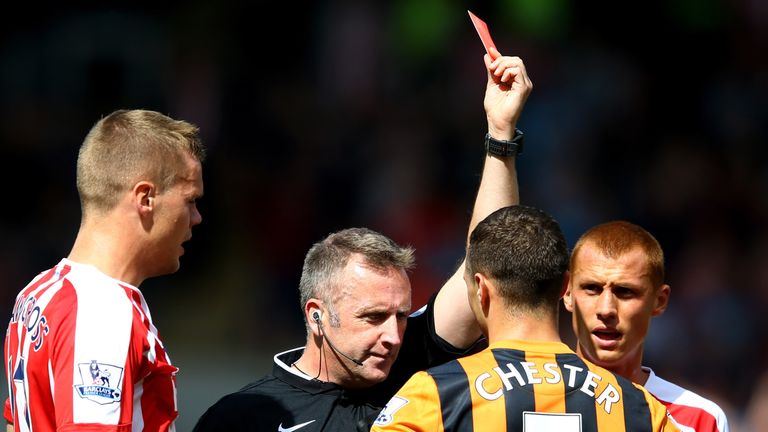 James Chester of Hull City receives his marching orders in the first half against Stoke.