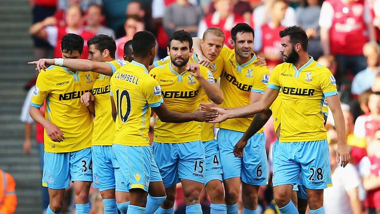 Crystal Palace players celebrate the 35th-minute goal scored by Brede Hangeland to make it 0-1