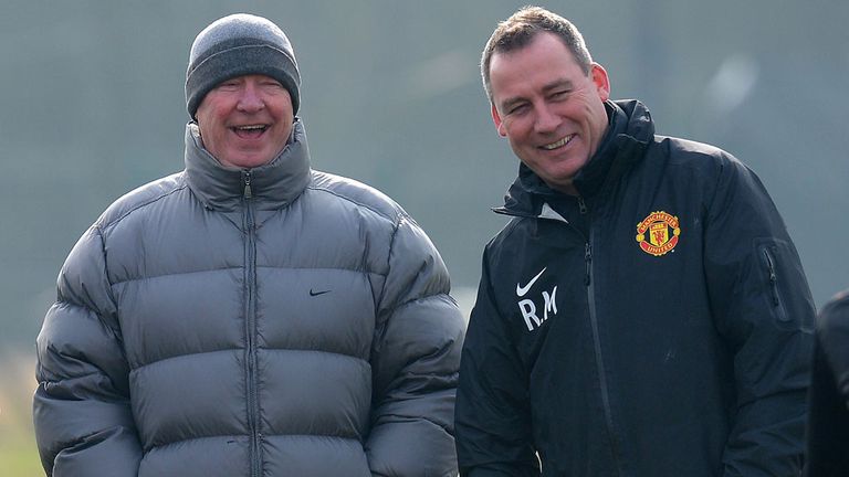 Rene Meulensteen during a Manchester United training session with manager Alex Ferguson in 2013