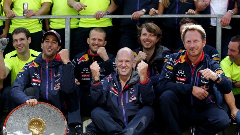 Daniel Ricciardo celebrates Belgian GP win with Adrian Newey and Christian Horner