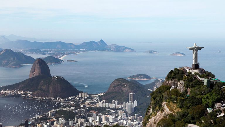 A general view of the Christ The Redeemer statue atop the Corcovado and Sugarloaf Mountain on July 7, 2014 in Rio de Janeiro 2014