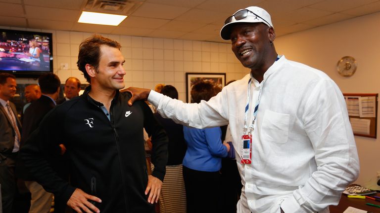 Roger Federer and basketball Hall of Famer Michael Jordan meet at the US Open