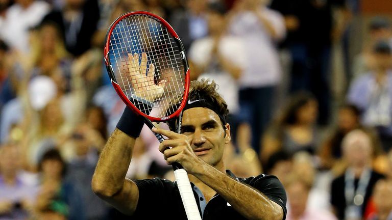 Roger Federer reacts after defeating Marinko Matosevic at the US Open
