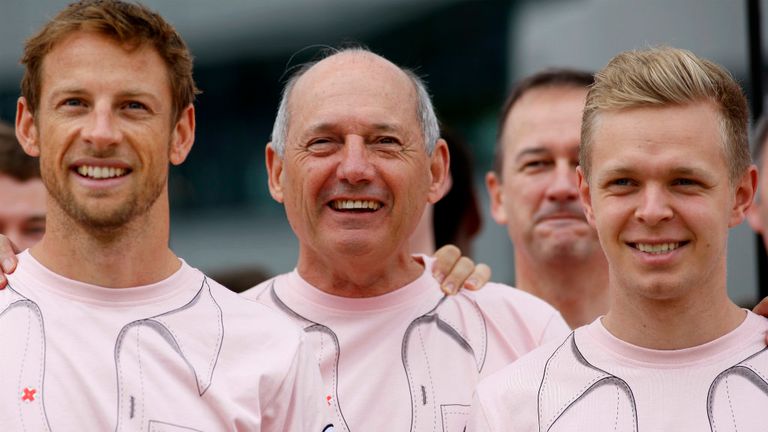 Ron Dennis with McLaren's drivers Jenson Button and Kevin Magnussen