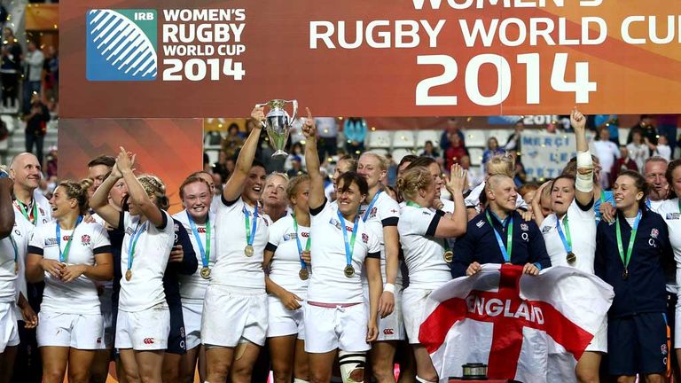 PARIS, FRANCE - AUGUST 17:  England Captain Katy Mclean and Sarah Hunter hold the trophy after England win the IRB Women's Rugby World Cup 2014 Final betwe