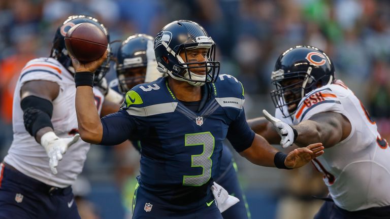 Russell Wilson of the Seattle Seahawks passes against the Chicago Bears