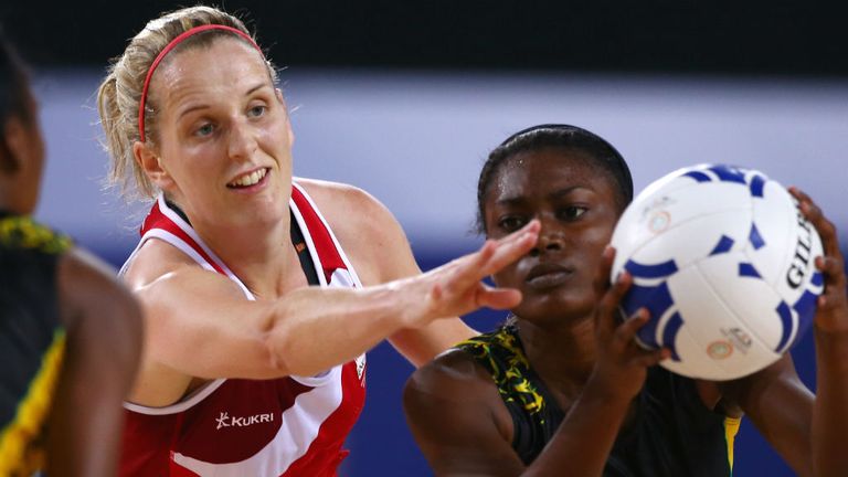 Sara Bayman of England puts pressure on Khadijah Williams of Jamaica during the netball bronze medal netball match
