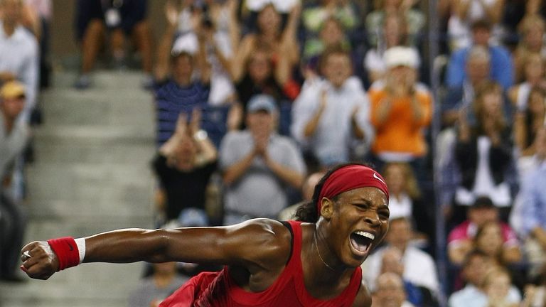 Serena Williams celebrates winning championship point against Jelena Jankovic in the 2008 US Open women's final