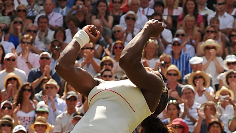 Serena Williams celebrates beating Vera Zvonareva in the 2010 Wimbledon final