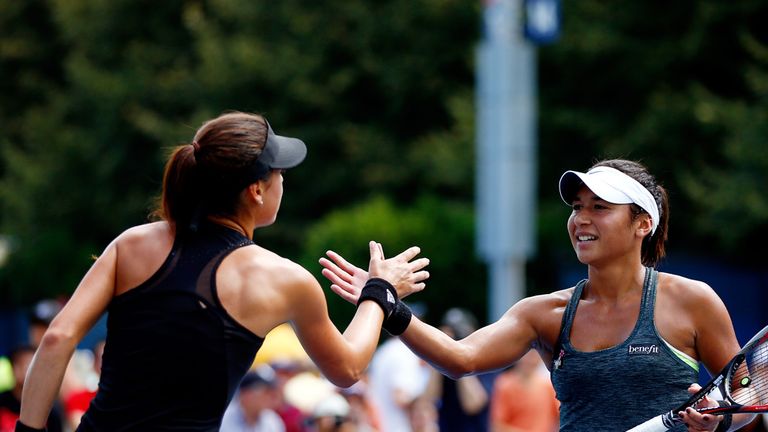 NEW YORK, NY - AUGUST 26:  Heather Watson of Great Britain shakes hands with Sorana Cirstea of Romania after their women's singles first round match on Day
