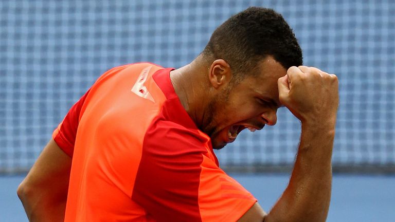 NEW YORK, NY - AUGUST 30:  Jo-Wilfried Tsonga of France celebrates after defeating Pablo Carreno Busta of Spain in their men's singles third round match on