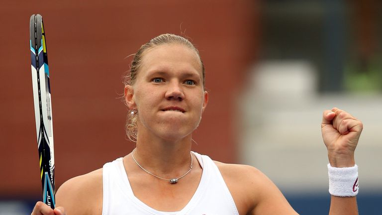 NEW YORK, NY - AUGUST 30:  Kaia Kanepi of Estonia celebrates after defeating  Carla Suarez Navarro of Spain after their women's singles third round match