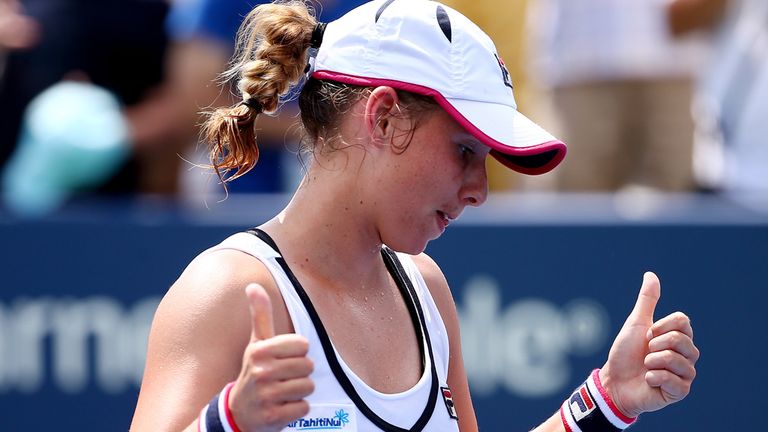 NEW YORK, NY - AUGUST 26:  Marina Erakovic of New Zealand celebrates after defeating Svetlana Kuznetsova of Russia on Day Two of the 2014 US Open at the US