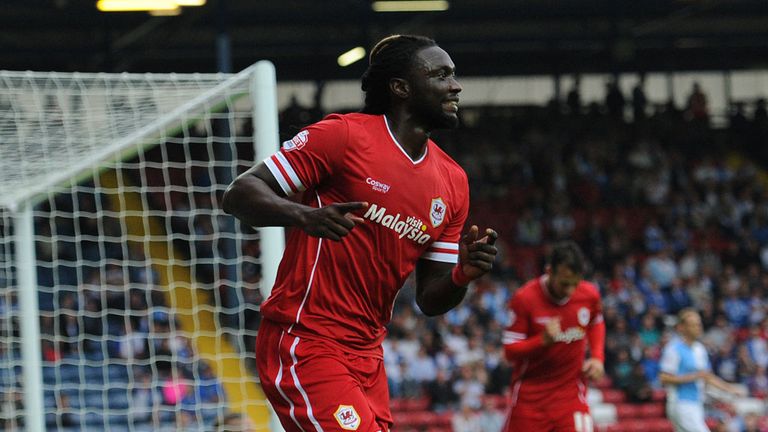 Cardiff City's Kenwyne Jones celebrates after scoring his side's first goal during the Sky Bet Championship match Ewood Park, Blackburn.