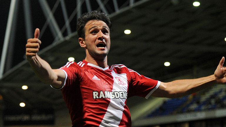 Middlesbrough's Kike celebrates scoring his teams 2nd goal against Bolton Wanderers, during the Sky Bet Championship match at the Reebok Stadium.