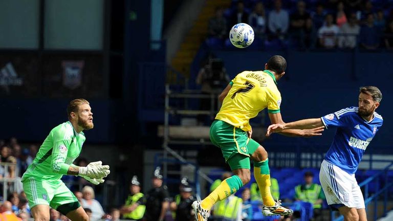 Norwich City's Lewis Grabban (centre) heads his sides opening goal of the game against Ipswich Town during the Sky Bet Championship match at Portman Road, 