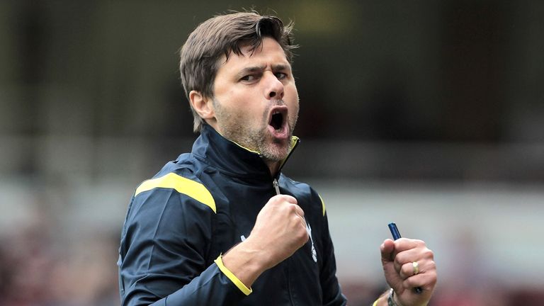 Tottenham Hotspur's manager Maurico Pochettino celebrates after final whistle during the Barclays Premier League match at Upton Park, London.