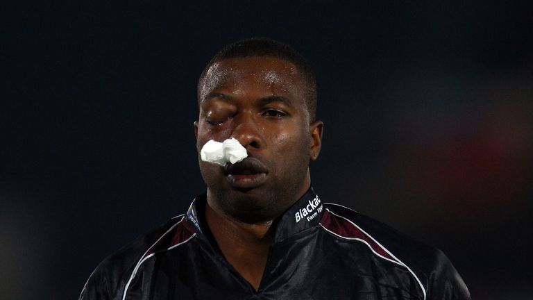Kieron Pollard of Somerset after being struck in the face during the Friends Life t20 Finals Day in 2010
