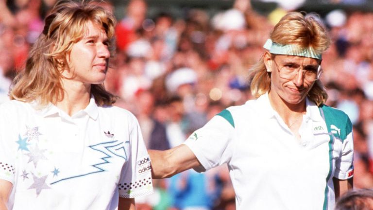Steffi Graf and Martina Navratilova after their match at Wimbledon in 1988