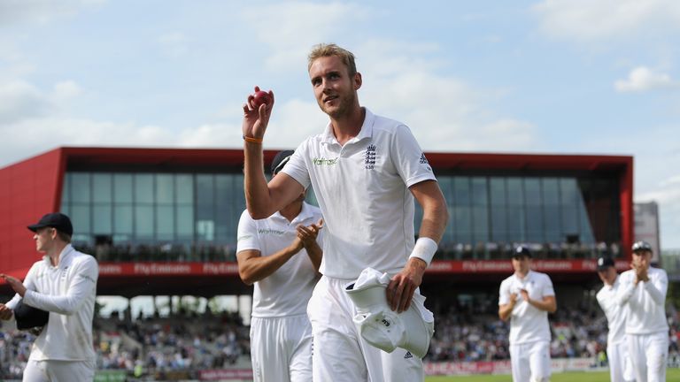 Stuart Broad of England salutes the crowd after taking six wickets during day one of fourth Test against India at Old Trafford