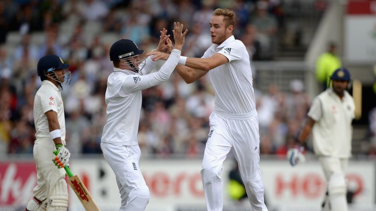 Stuart Broad (right) and Sam Robson celebrate the wicket of Gautam Gambhir. England v India, 4th Test, day 1. Aug 7 2014.