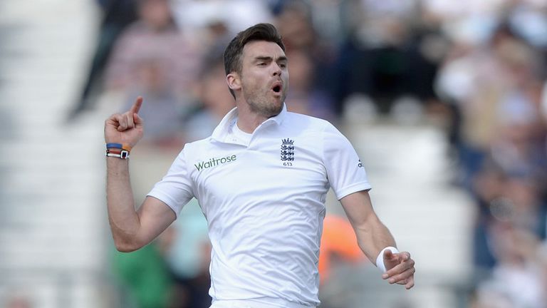 James Anderson of England celebrates dismissing Cheteshwar Pujara of India during day three of 5th Investec Test match between England and India