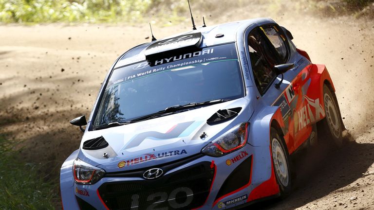 Belgian driver Thierry Neuville with Hyundai i20 takes a corner during second day of FIA World Rally Championship WRC Neste Oil Rally Finland