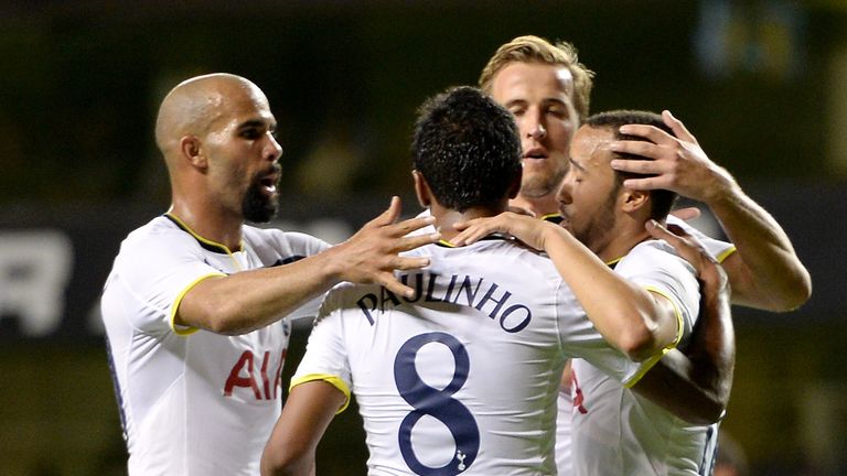 Tottenham Hotspur's Andros Townsend (right) celebrates scoring his sides third goal of the game