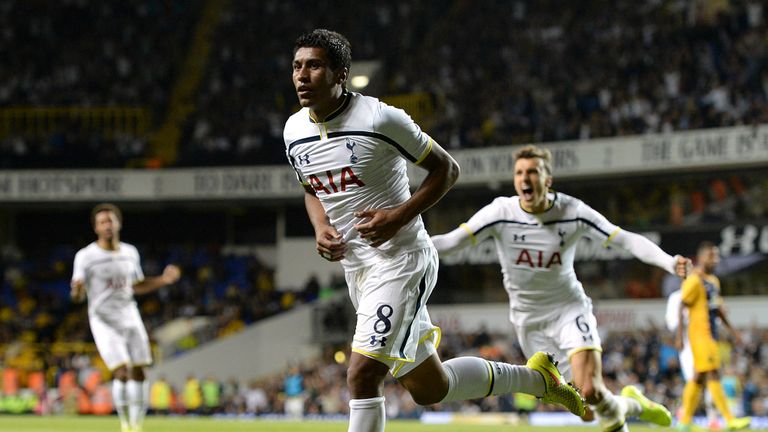 Tottenham Hotspur's Paulinho celebrates scoring his sides second goal of the game during the UEFA Europa League Qualifying Play-off, Second Leg match