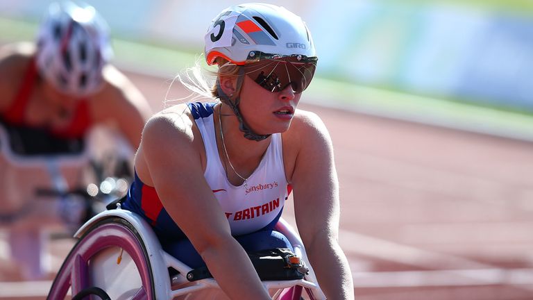 Samantha Kinghorn of Great Britain wins the Womens 400m - T53 event during day one of the IPC Athletics European Championships 