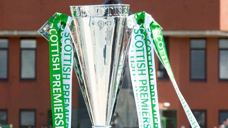Scottish Premiership trophy outside Celtic Park