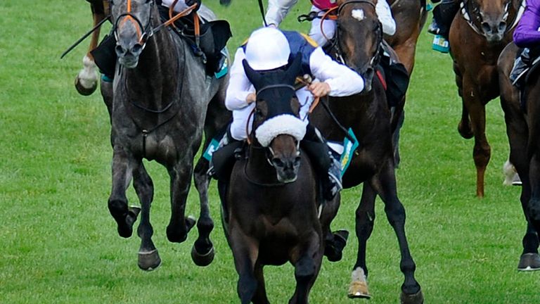 CHICHESTER, ENGLAND - JULY 29: David Probert riding Van Percy (C, white cap) win The bet365 Summer Mile at Goodwood racecourse on July 29, 2014 in Chichest