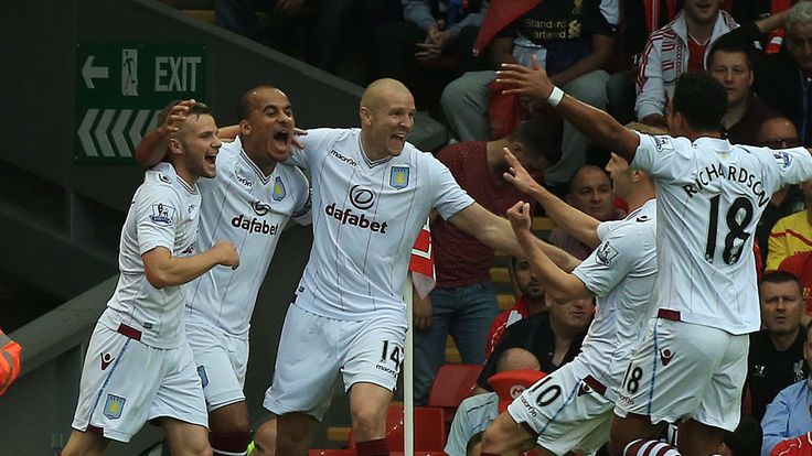 Celebrating Gabriel Agbonlahor's winning goal with his new Aston Villa team-mates