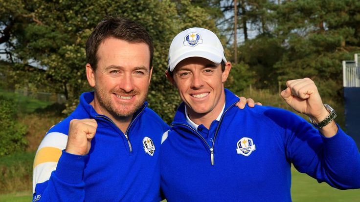 Graeme McDowell (L) and Rory McIlroy of Europe celebrate winning the Ryder Cup