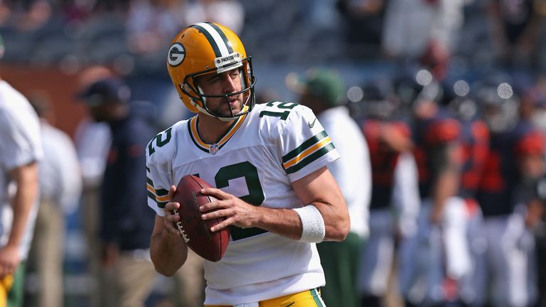 Aaron Rodgers of the Green Bay Packers looks to pass