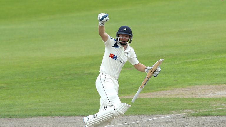 Adam Lyth of Yorkshire celebrates his century during the LV County Championship match against Lancashire at Old Trafford
