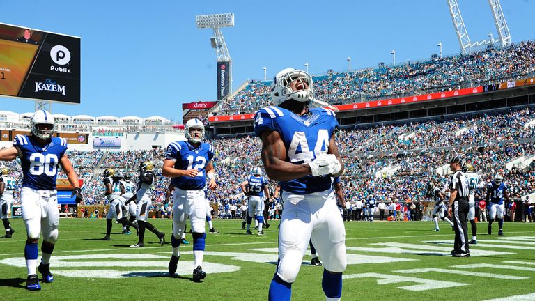Ahmad Bradshaw of the Indianapolis Colts celebrates after scoring a first-quarter touchdown against the Jacksonville Jaguars