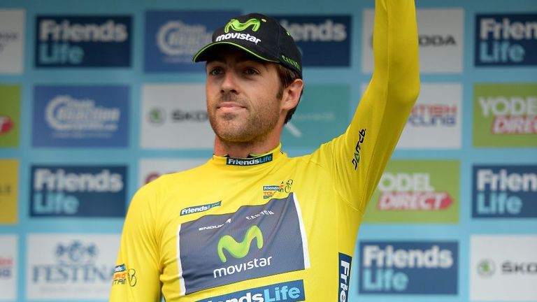 Alex Dowsett of Movistar Team celebrates taking the Yellow Jersey on Stage 6 of the 2014 Tour of Britain