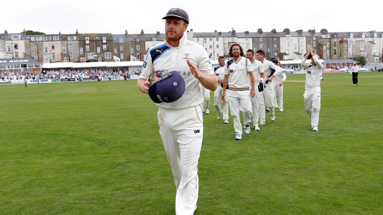 Andrew Gale leads his Yorkshire team off the field after their victory over Middlesex at Scarborough