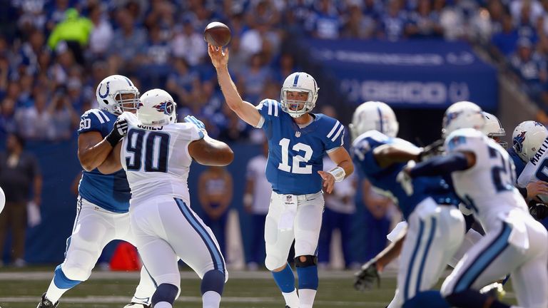 Andrew Luck #12 of the Indianapolis Colts throws a pass against the Tennessee Titans