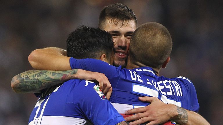Roberto Soriano, Alessio Romagnoli and Lorenzo De Silvestri of UC Sampdoria celebrate a victory