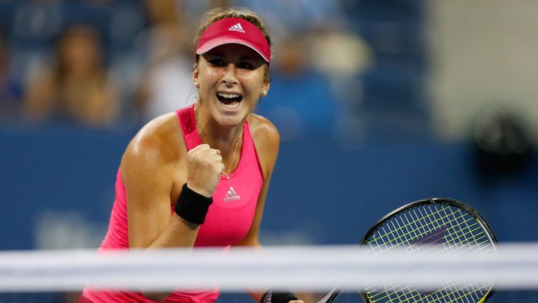 Belinda Bencic reacts after a point against Jelena Jankovic during their women's singles fourth round at the US Open